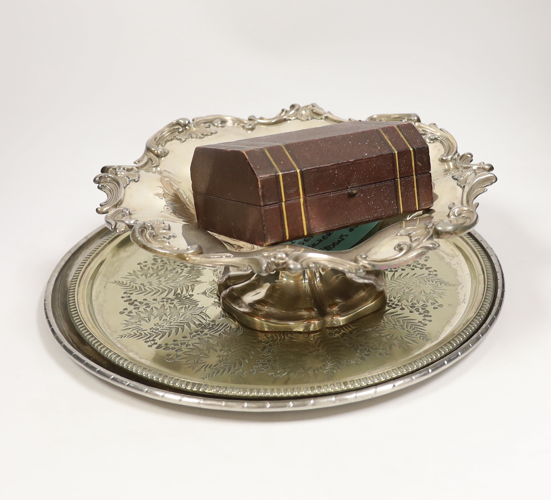 An Old Sheffield plate bowl, five napkin rings, and two salvers, largest 38cm diameter
